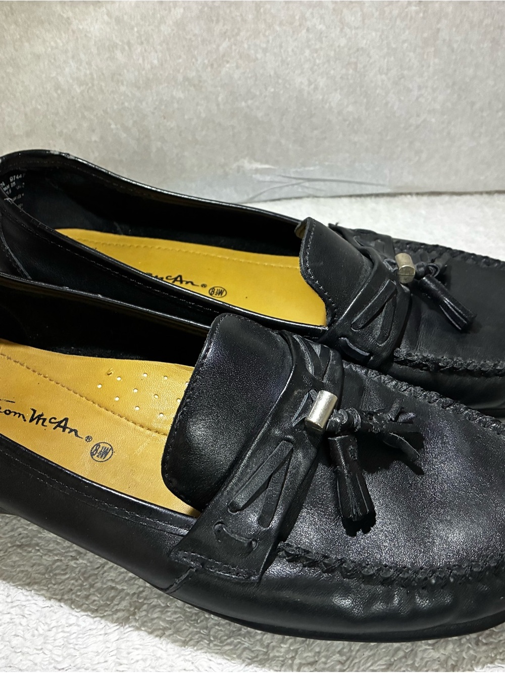 Thom McAn Black Leather Tassel Loafers with Yellow Insole